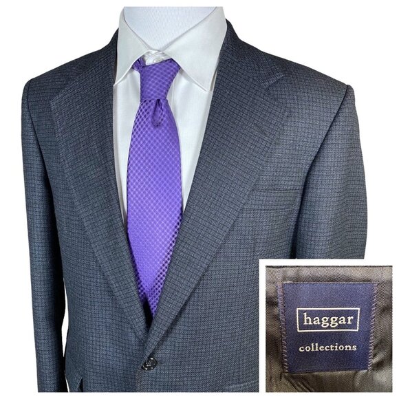 Haggar Collections Sport Coat Men's 40R Poly Wool Navy Mini Check Blazer Jacket - Picture 1 of 15
